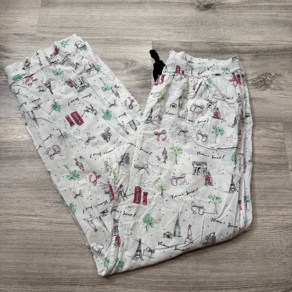 Victorias Secret Pajama Pants Womens Medium Long White Travel Print Paris London